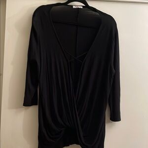 Black 3/4 Sleeve Wrap Blouse with Tie Front